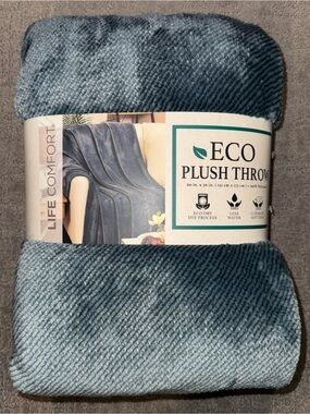 Costco Life Comfort Dark Blue Green Ribbed Eco Plush Throw 60” x 70”